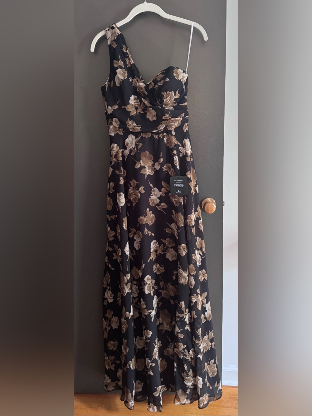 Lulu's Black Maxi Dress with Beige Floral Print